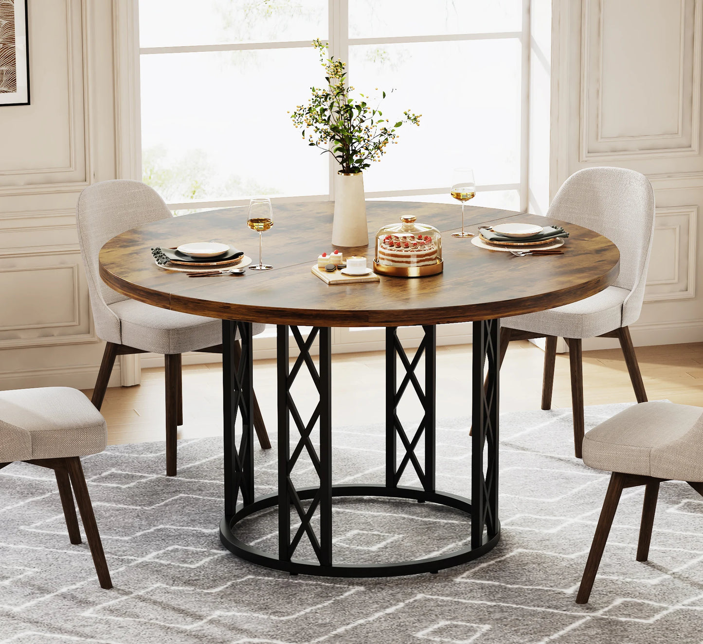 47-Inch Round Farmhouse  Dining Table for 4-6 People