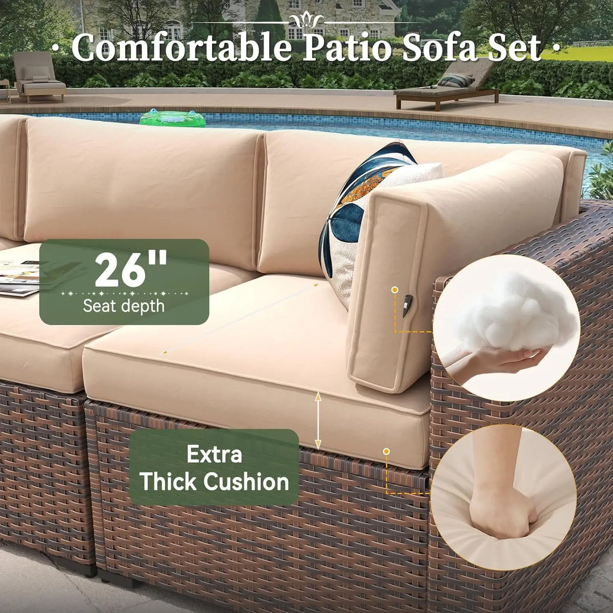 8 Piece Patio Furniture Set with 44” Fire Pit Table Wicker Rattan Outdoor Sectional Sofa Set with Coffee Table