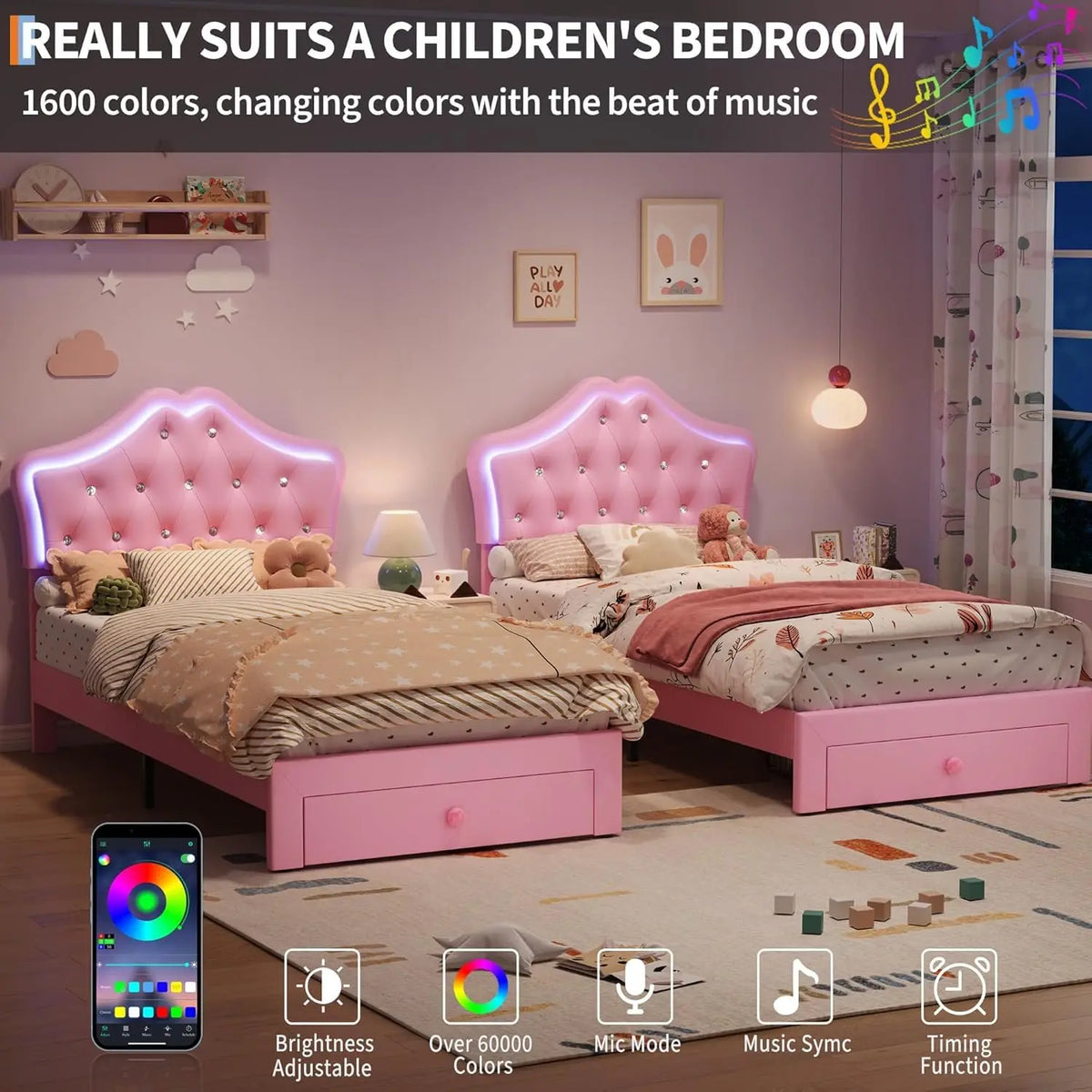 Twin XL Velvet Upholstered Platform Bed Frame With LED Headboard, Crystal Button Tufting, Storage Drawer, Noise Free, No Box Spring