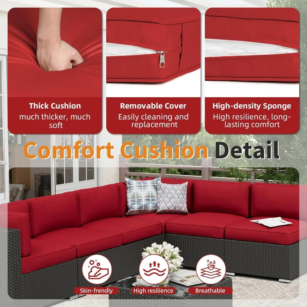 Black Rattan Wicker Sectional  Outdoor Patio Furniture Sofa Set  with Glass Top Table and Cushions (Red)