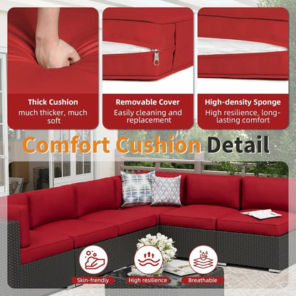 Black Rattan Wicker Sectional  Outdoor Patio Furniture Sofa Set  with Glass Top Table and Cushions (Red)