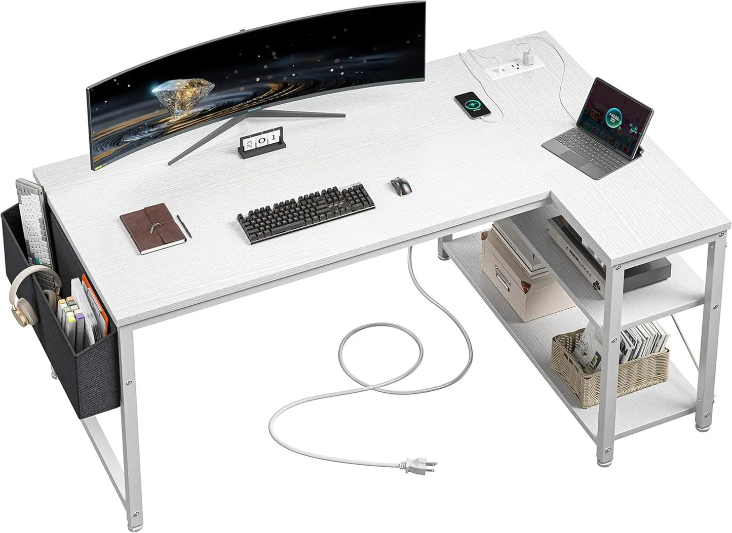 40" White L Shaped Corner Desk with Storage Shelves Side  Power Outlets