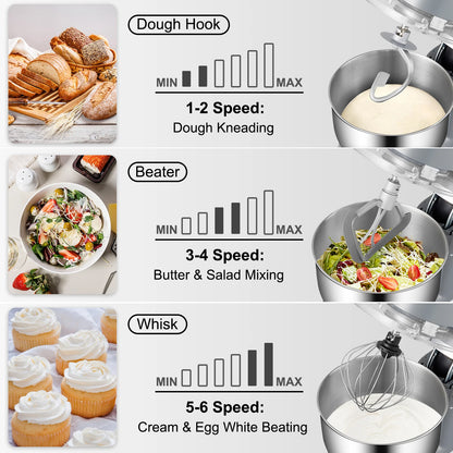 Electric Dough Mixer with 6 Speeds LCD Screen Timing 5.8 Qt Stainless Steel Bowl Dough Hook Flat Beater