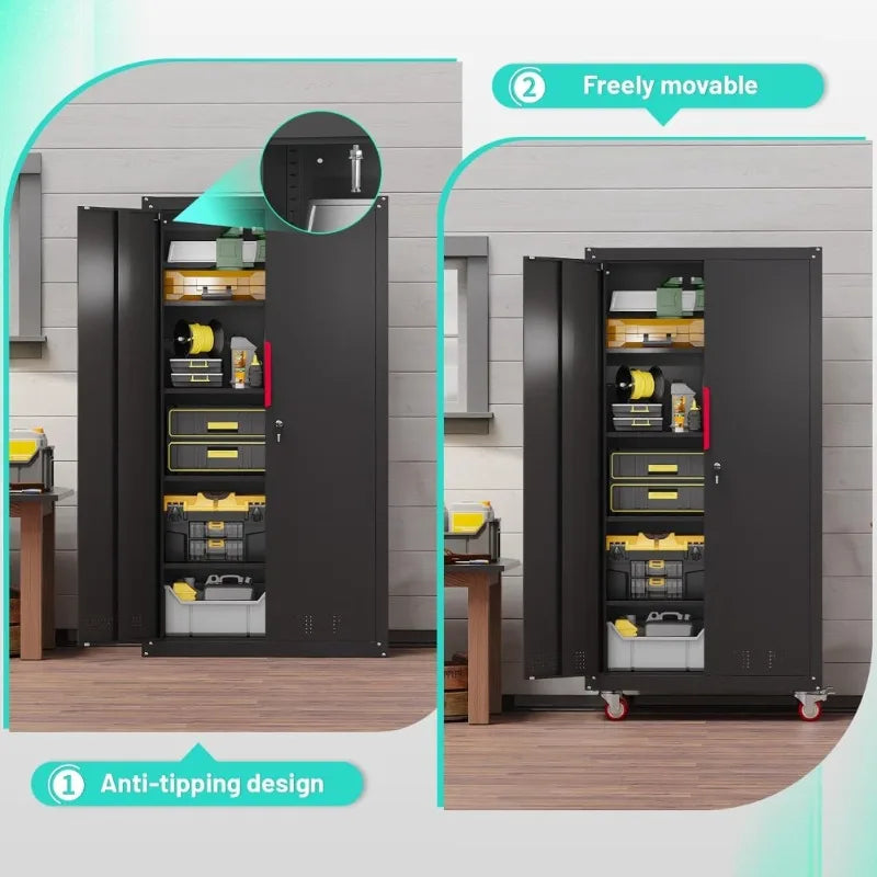 Heavy Duty Steel Garage Storage Cabinet with Wheels Lockable Tool Cabinet with Adjustable Shelves for Home Basement