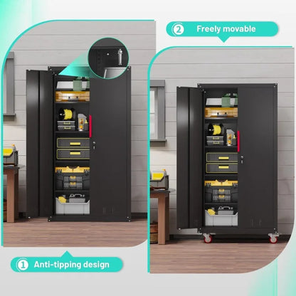 Heavy Duty Steel Garage Storage Cabinet with Wheels Lockable Tool Cabinet with Adjustable Shelves for Home Basement
