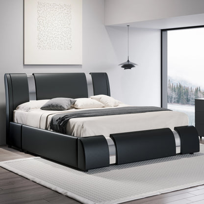 Modern Faux Leather Bed Frame with Iron Pieces Decor, Low Profile Platform Bed with Height-Adjustable Headboard