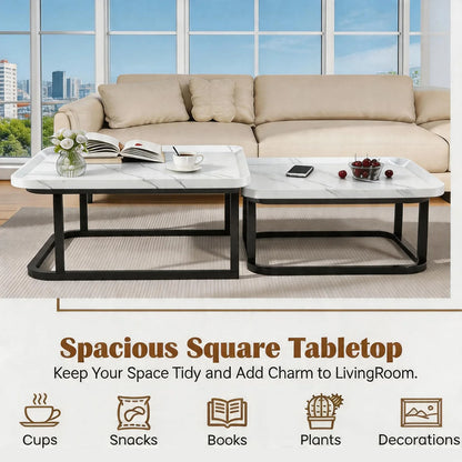 Square Nesting Coffee Tables Set Of 2, Space Saving Small End Table Set For Living Room Bedroom Balcony, Fluted Side Tables Set