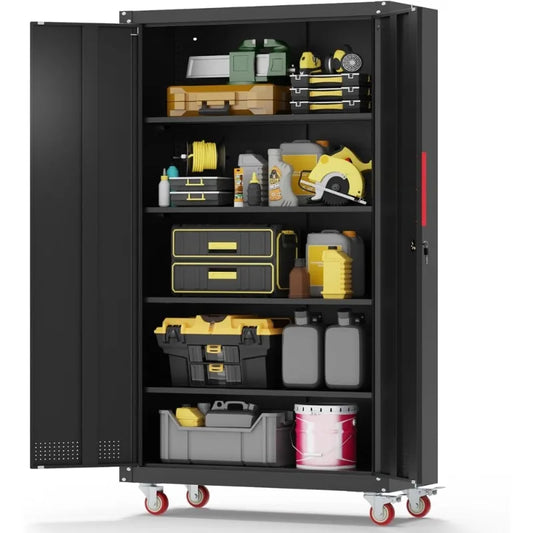 Heavy Duty Steel Garage Storage Cabinet with Wheels Lockable Tool Cabinet with Adjustable Shelves for Home Basement