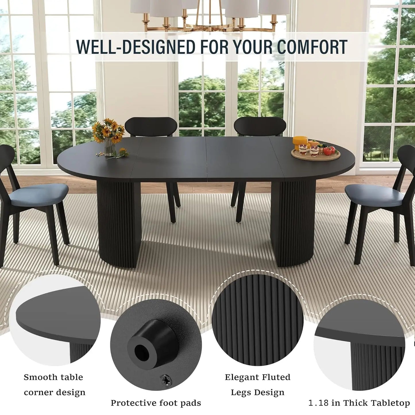 Round Fluted Base Modern Oval Expandable Kitchen Dining Table ,41-78in Seats 4-8