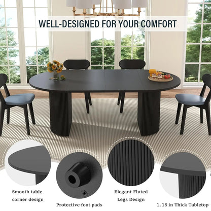 Round Fluted Base Modern Oval Expandable Kitchen Dining Table ,41-78in Seats 4-8