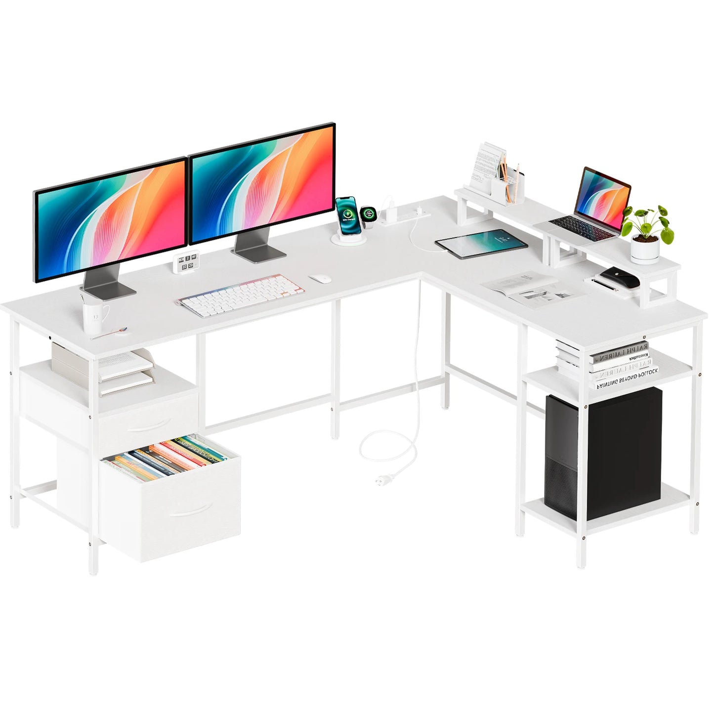 62IN L Shaped Computer Desk with 2 Drawers Wood Table with Adjustable Storage Shelves Charging Station for Desk for Office