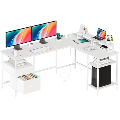 62IN L Shaped Computer Desk with 2 Drawers Wood Table with Adjustable Storage Shelves Charging Station for Desk for Office
