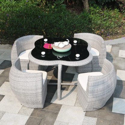 Outdoor Patio Tables and Chairs Set  Waterproof Tempered Glass Tea Table  Rattan Chairs