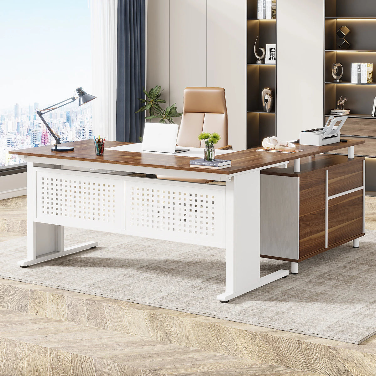 63 Inch Executive Large Office Desk L Shaped Computer Desk with Drawers and Storage Shelves