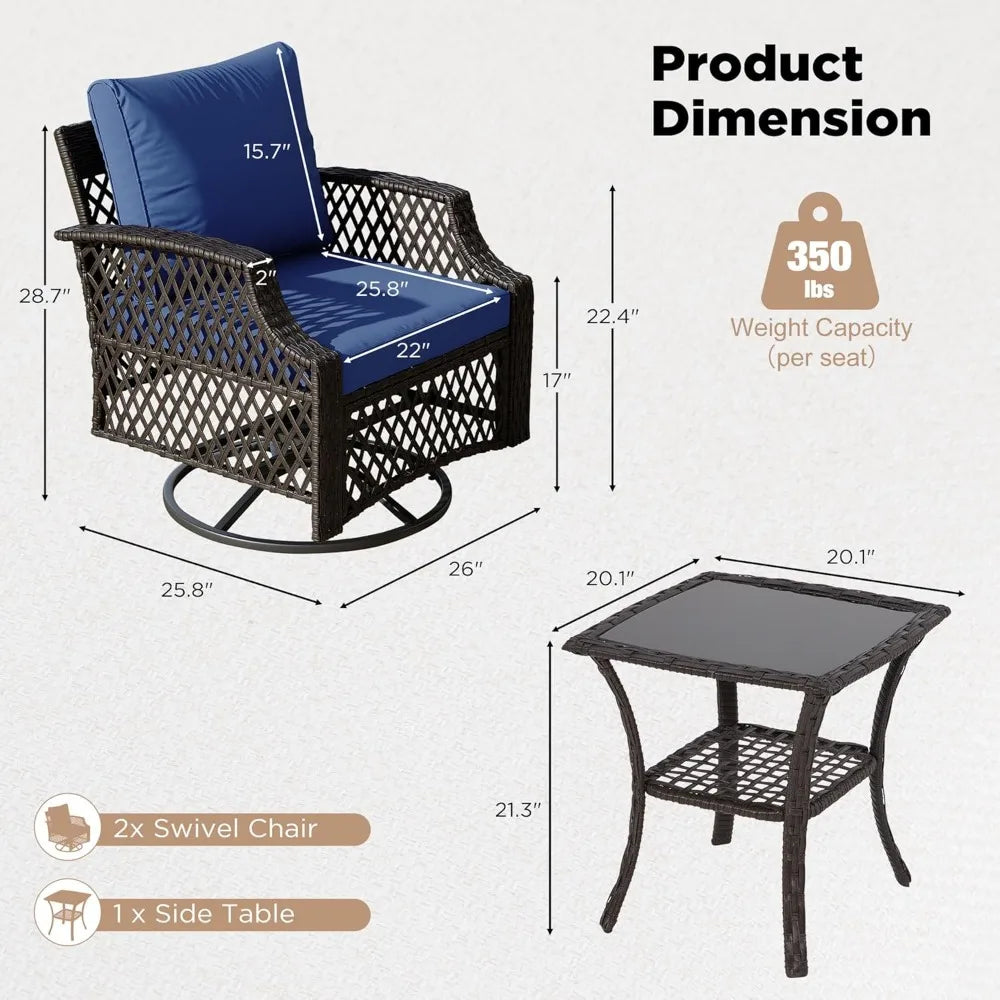 3 Piece Outdoor  Wicker Patio Bistro Set with Thickened 25D Cushions and Glass Coffee Table, Swiveling Chairs