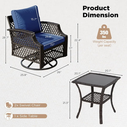 3 Piece Outdoor  Wicker Patio Bistro Set with Thickened 25D Cushions and Glass Coffee Table, Swiveling Chairs