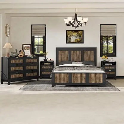 4 Piece Queen Bedroom Set, Queen Size Platform Bed with 2 Nightstands and Dresser,