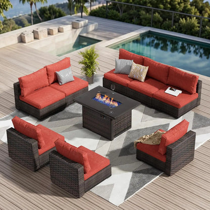 9 Pieces Outdoor Sectional Patio Furniture Set with Fire Pit Table PE Rattan Wicker Patio Sectional Armless, Customized