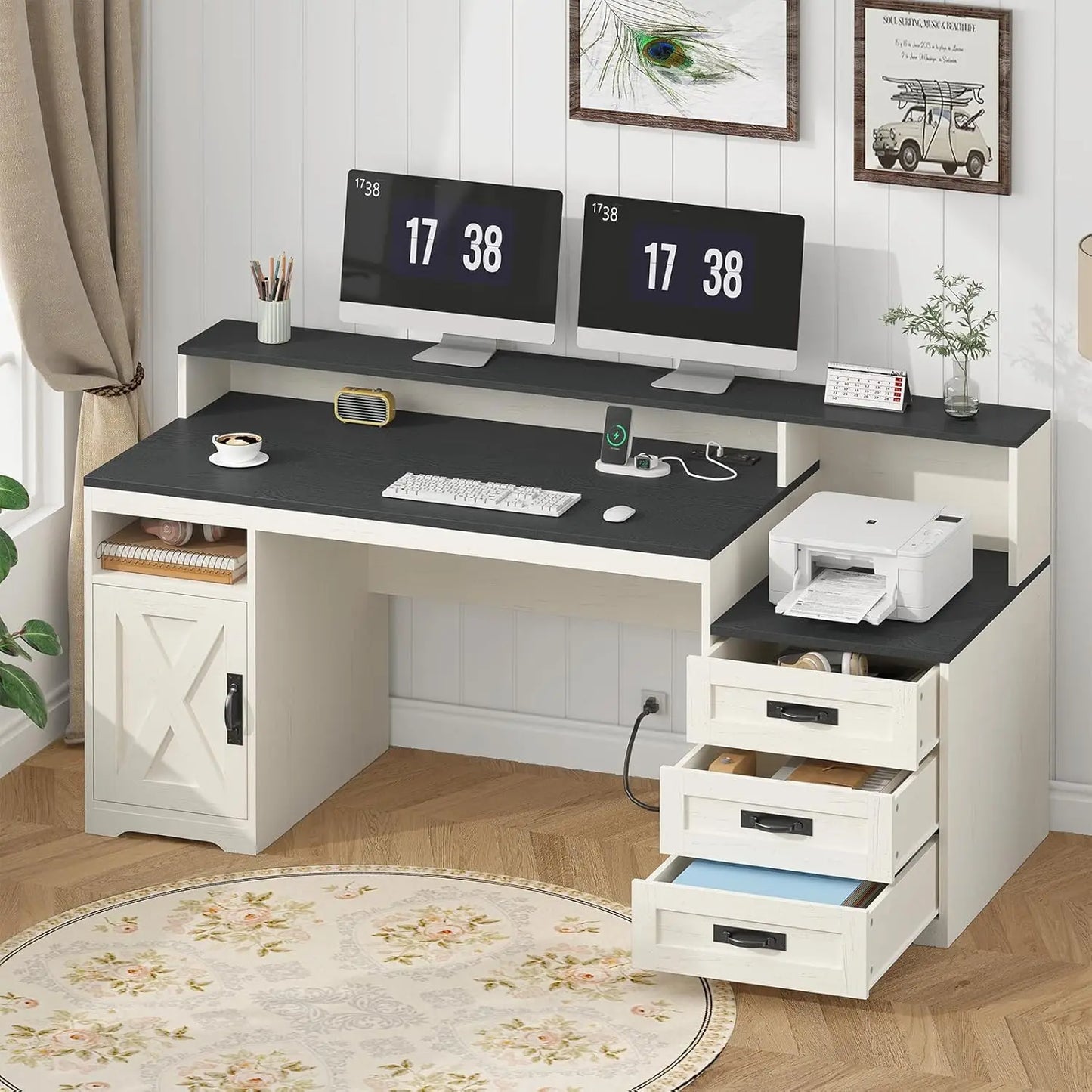 65'' Home Office Desk with Power Outlets, Storage Cabinet and Printer Stand