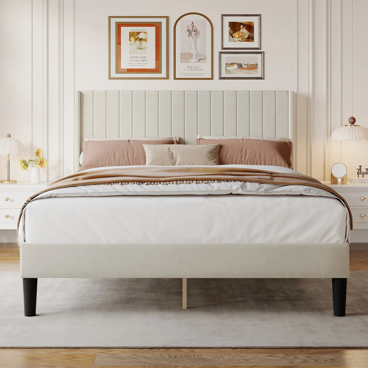 Basic Upholstered Platform Bed Frame with Modern Wingback Headboard Wooden Slats 800lbs Capacity No Box Spring Needed Easy Assembly For Bedroom