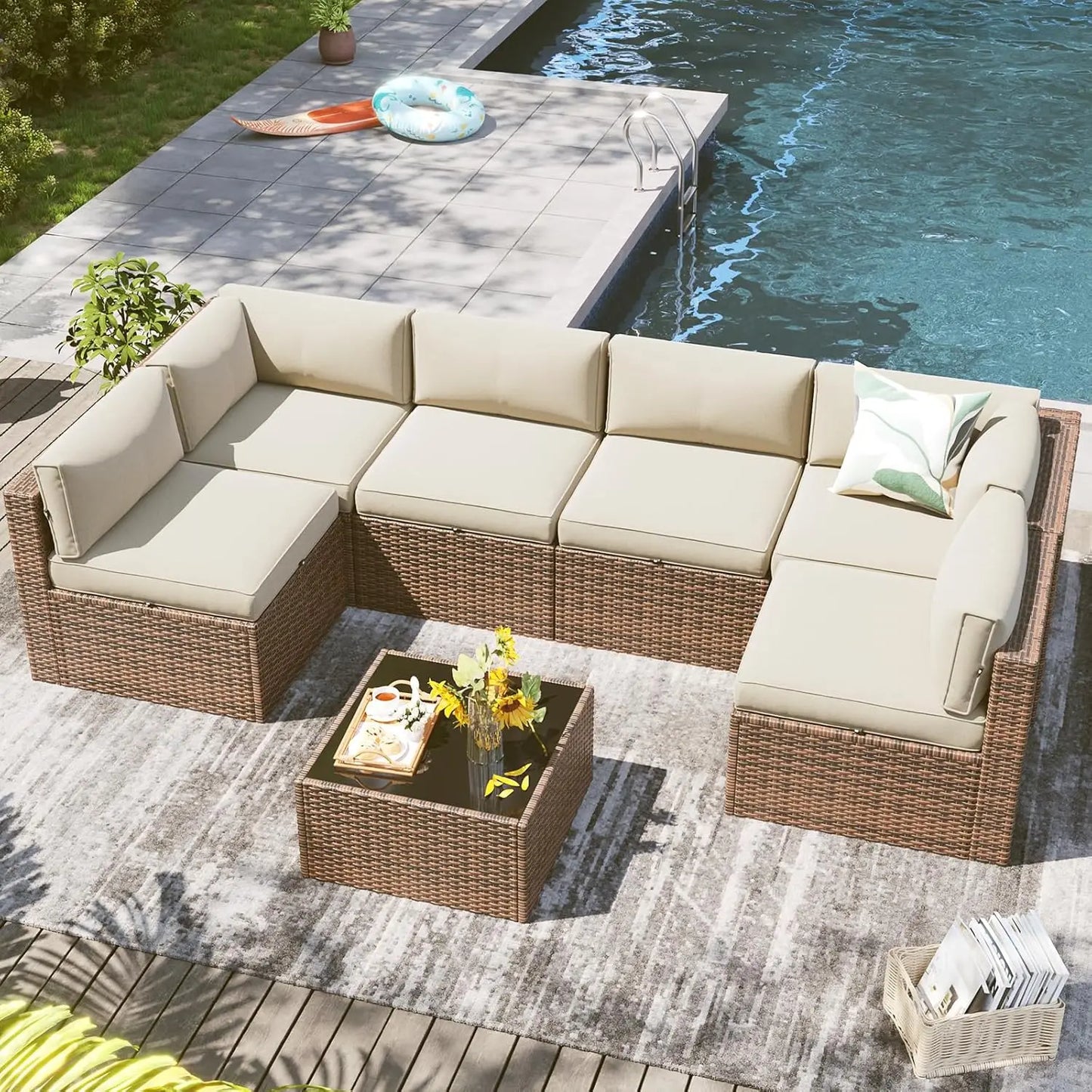 7 Piece Outdoor Patio Furniture Set with Coffee Table,