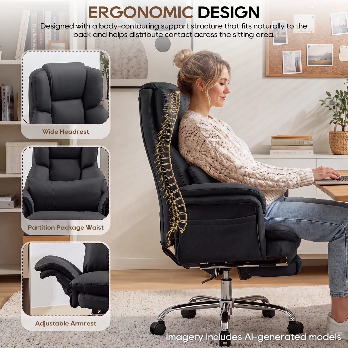 Big and Tall Executive Office Chair, Ergonomic Computer Desk Chair with Adjustable Backrest, Flip Armrests & Footrest for Home & Office