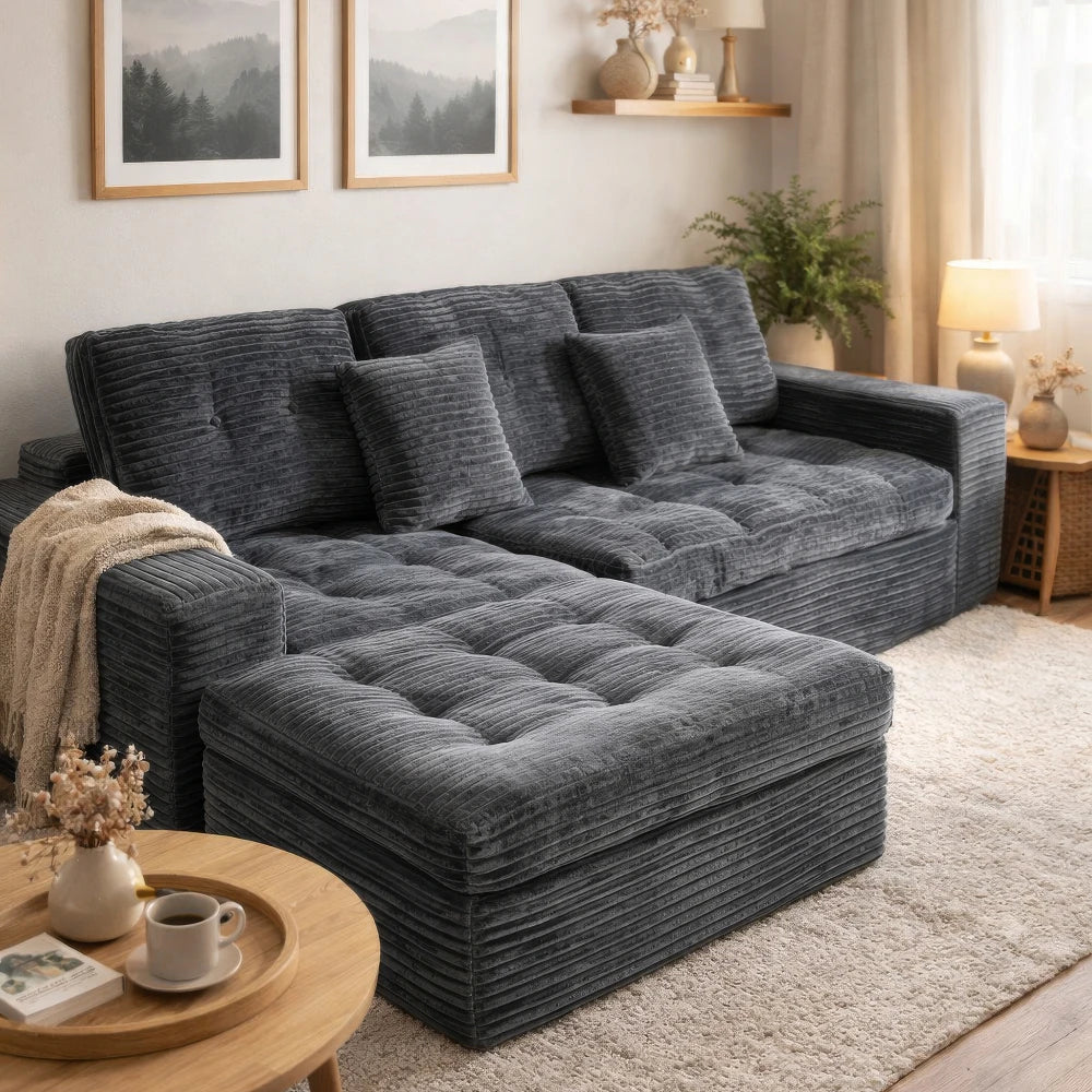 105 Inch Modular Cloud Sofa Set, DIY Convertible Sectional Couch with Movable Ottoman, Pure High Density Foam Cushion, Plush Faux Rabbit Fur Velvet Upholstered Deep Seat Sofa for Modern Living Room Apartment Small Space Famil