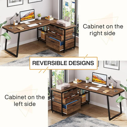 L-Shaped Computer Desk with 3 Drawers,Home Office Desk with Shelves, 53-Inch Industrial PC Desk for Small Space, Rustic Brown