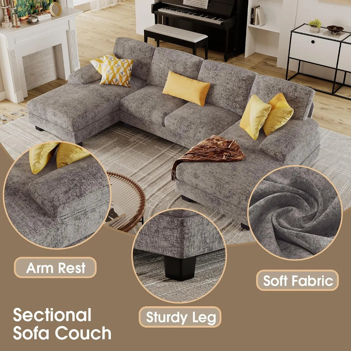 U-Shaped Sofa Couch with Linen Fabric, 4 Seat Sofa Set with Double Chaise