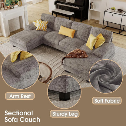 U-Shaped Sofa Couch with Linen Fabric, 4 Seat Sofa Set with Double Chaise