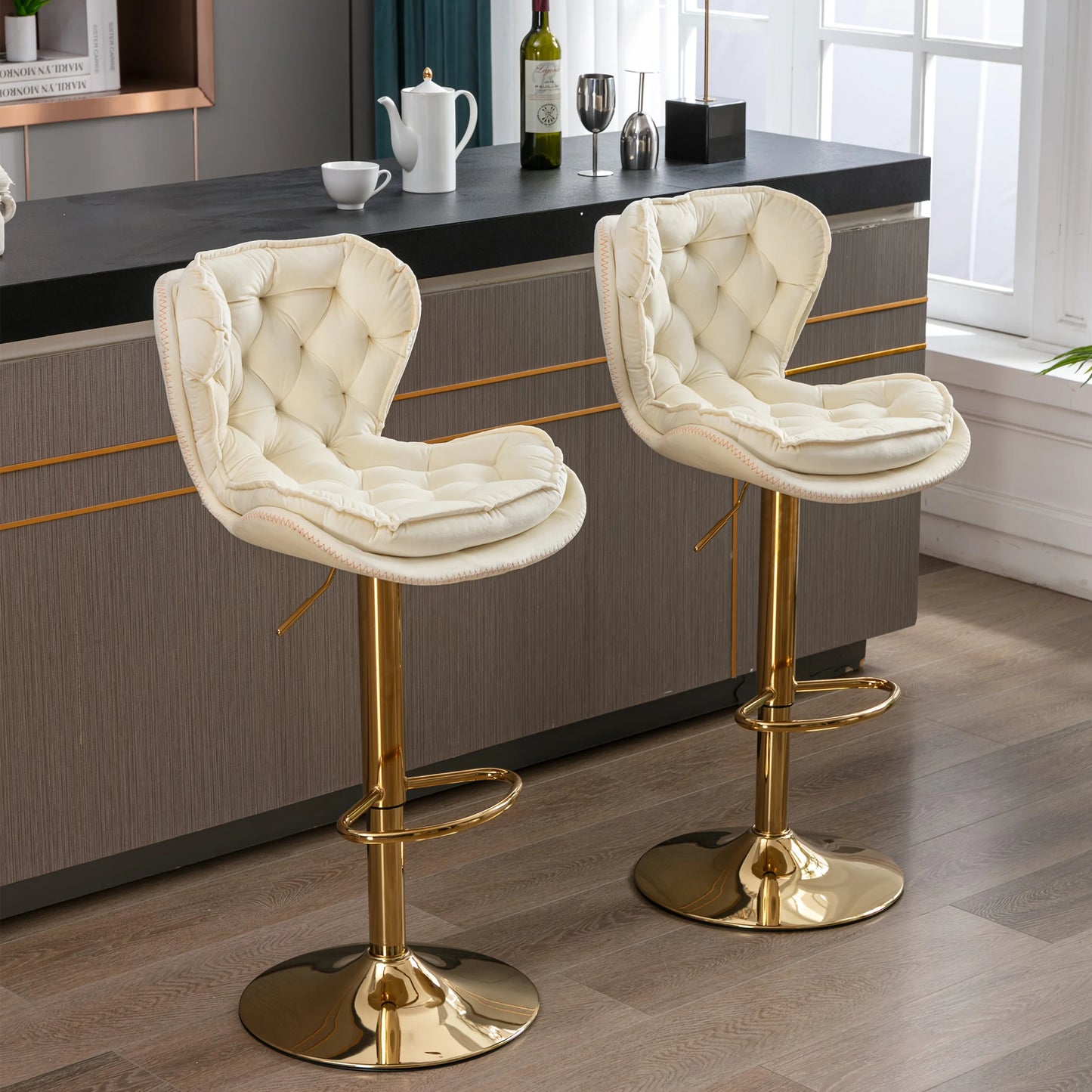 Set of 2 Modern Bar Stools Adjustable Velvet Golden Leg Upholstered Swivel Bar Stools Counter Height Bar Kitchen Island