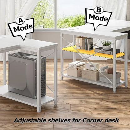 40" White L Shaped Corner Desk with Storage Shelves Side  Power Outlets