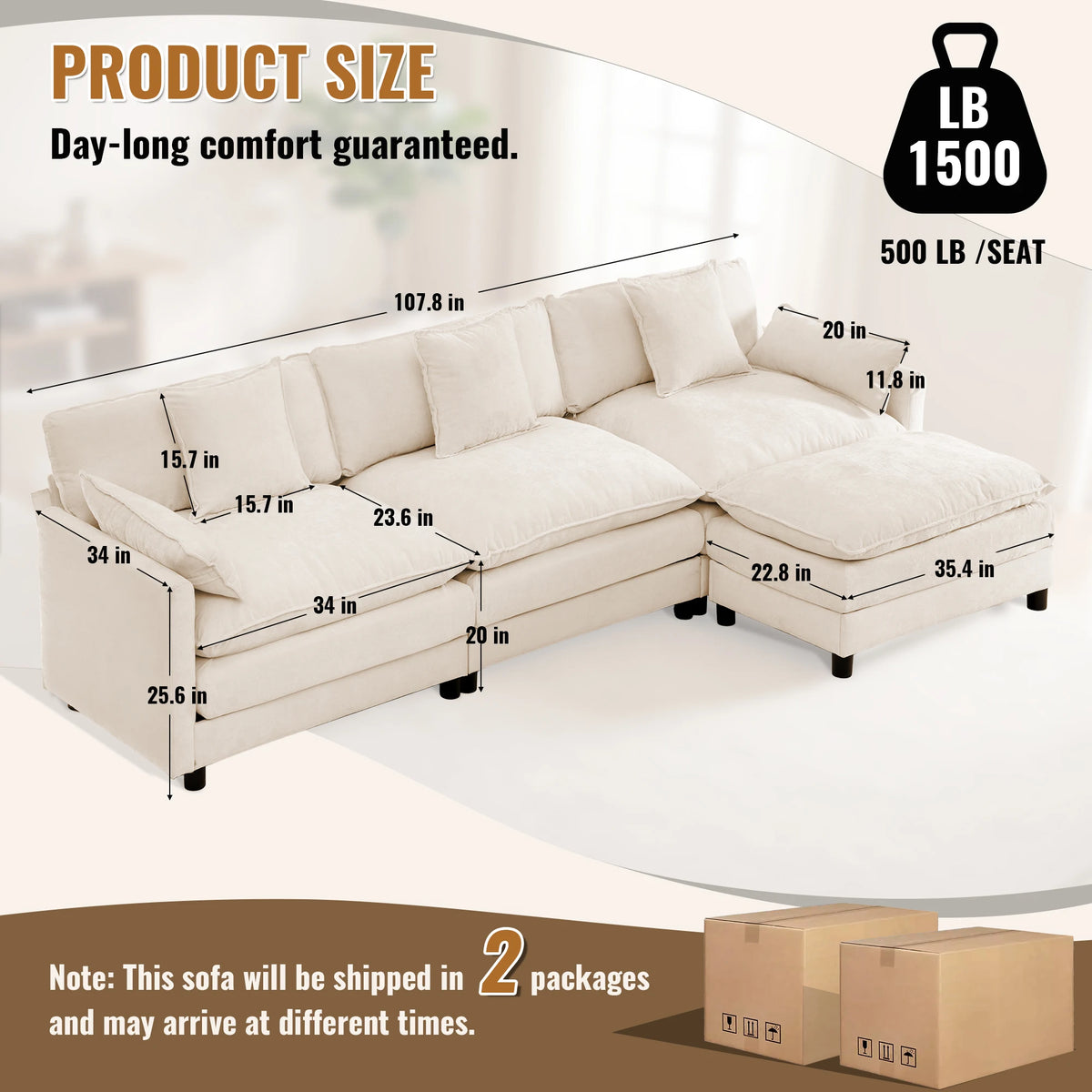 107" Modular Sectional Sofa Set with Ottoman, L-Shaped Convertible Couch, 3-Seats Chenille Deep Seat Sofa with Pillows for Living Room, Bedroom and Apartment