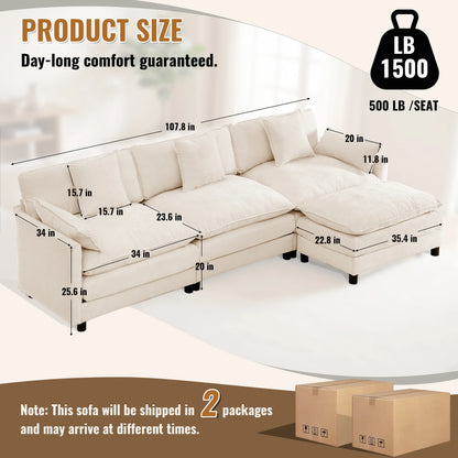 107" Modular Sectional Sofa Set with Ottoman, L-Shaped Convertible Couch, 3-Seats Chenille Deep Seat Sofa with Pillows for Living Room, Bedroom and Apartment