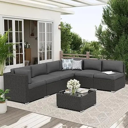 Black Rattan Wicker Sectional  Outdoor Patio Furniture Sofa Set  with Glass Top Table and Cushions (Red)