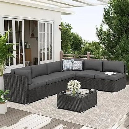 Black Rattan Wicker Sectional  Outdoor Patio Furniture Sofa Set  with Glass Top Table and Cushions (Red)