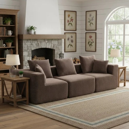 Modular Deep-Seat Sofa, 3-Piece All-Foam Sectional Couch in Soft Textured Fabric, Tool-Free Assembly, Apartment-Friendly Low Profile, 111" × 37" × 23.6"-Brown