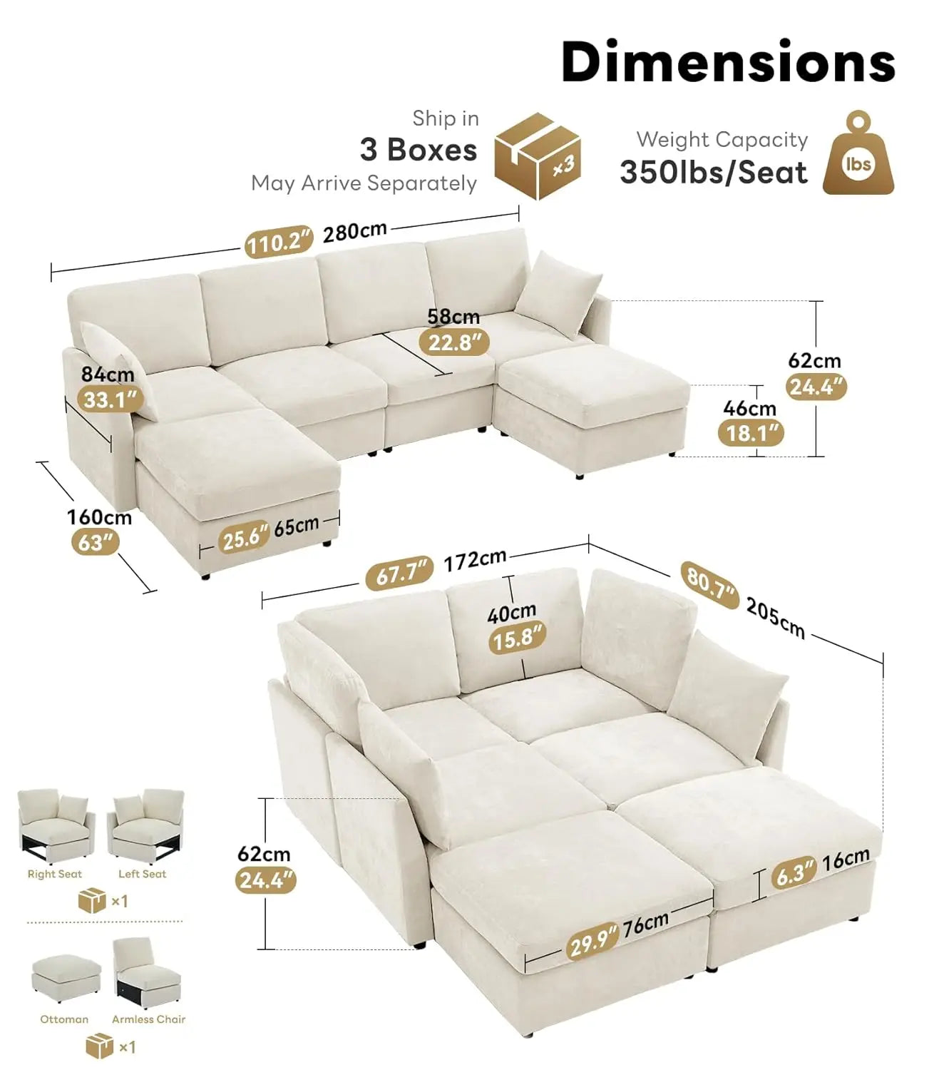 Modular Sectional Couch for Living Room, Spring Cushion Seating, Modern 6 Seater Convertible U Shaped Sofa with Ottoman, Beige |