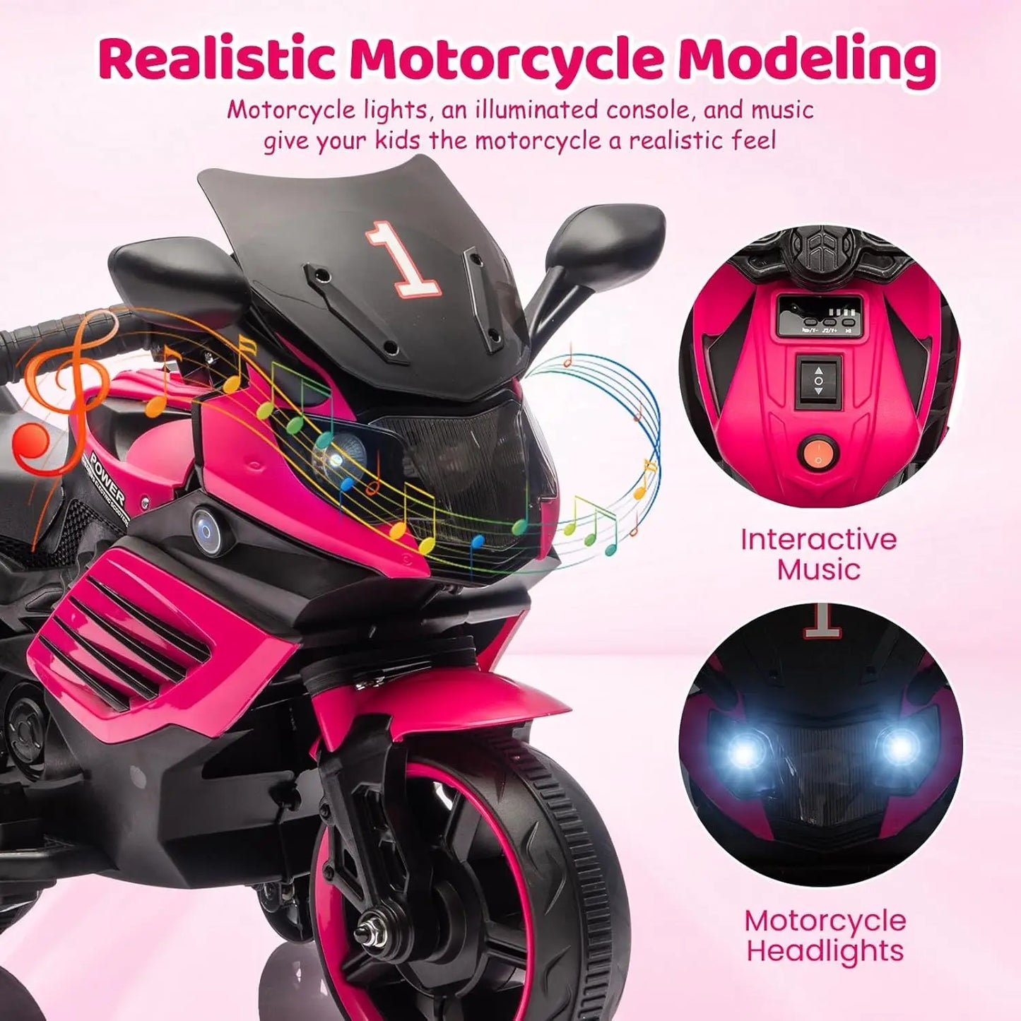 6V Kids Motorcycle, Electric Ride On Toy with Training Wheels, Working Headlight, Horn & Music,for Toddlers Boys Girls 3-6Y