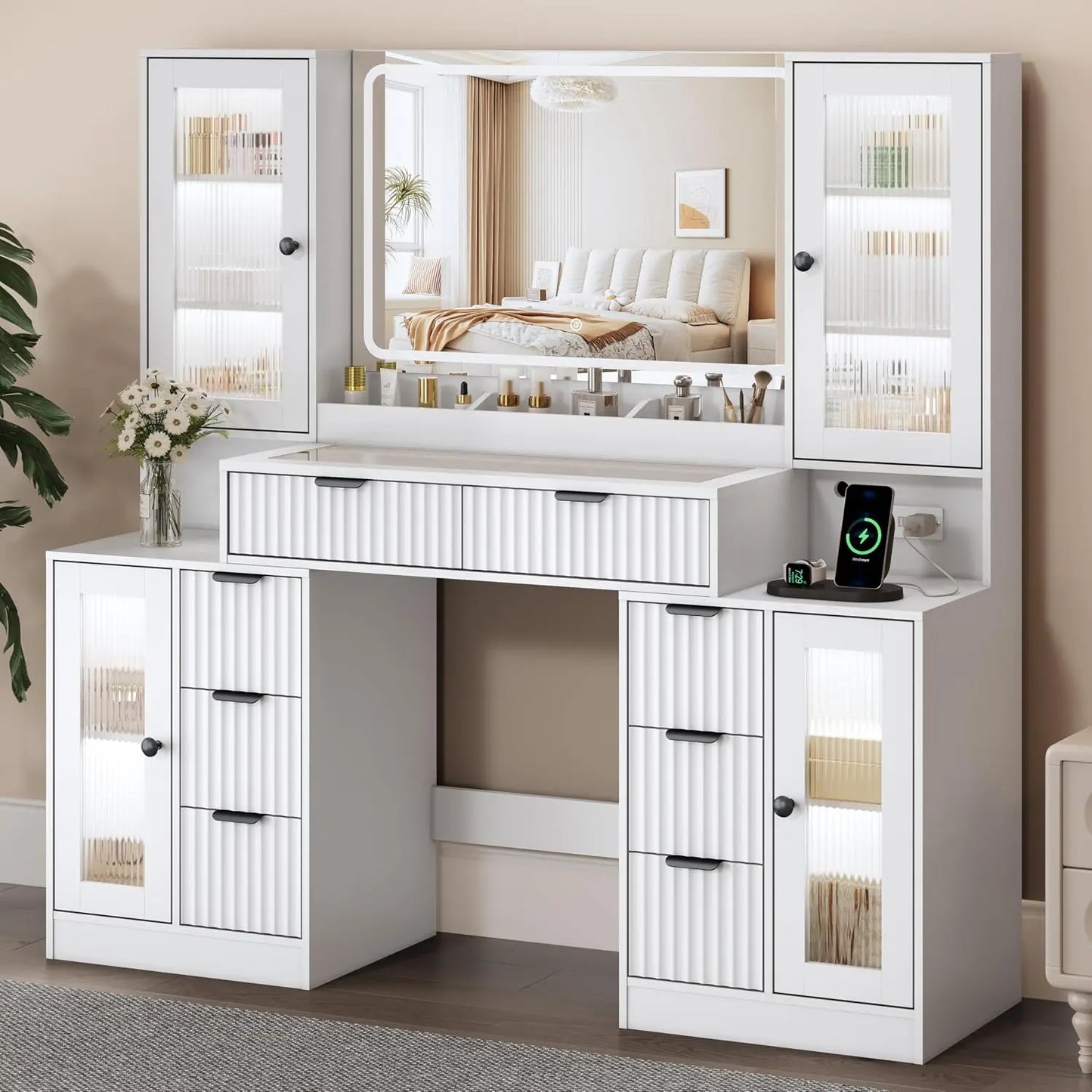55" Fluted Makeup Vanity Desk with Mirror & Lights, 8 Drawers & 4 Cabinets, Tempered Glass Top, RGB, Custom