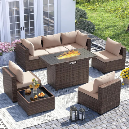 All-Weather Wicker Set with Fire Pit Table, 8 Piece Sectional Sofas,