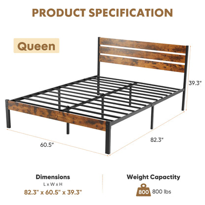 Wooden Headboard and Metal Platform Bed Frame No Box Spring Needed with 700LBS Sturdy Wooden Slats Support For Home