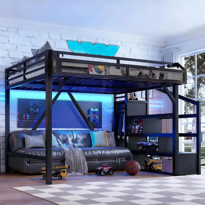 Queen Loft Bed with Storage Stairs Shelves with Wardrobe LED Lights made of  Natural Wood,