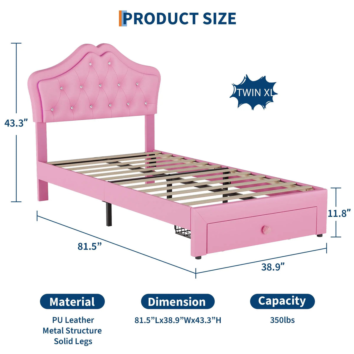 Twin XL Velvet Upholstered Platform Bed Frame With LED Headboard, Crystal Button Tufting, Storage Drawer, Noise Free, No Box Spring