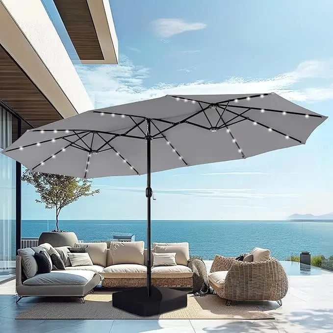 15ft Large Patio Umbrella with Solar Lights, Double-Sided Outdoor Market Rectangle Umbrellas with 36 LED Lights, Umbrella Base