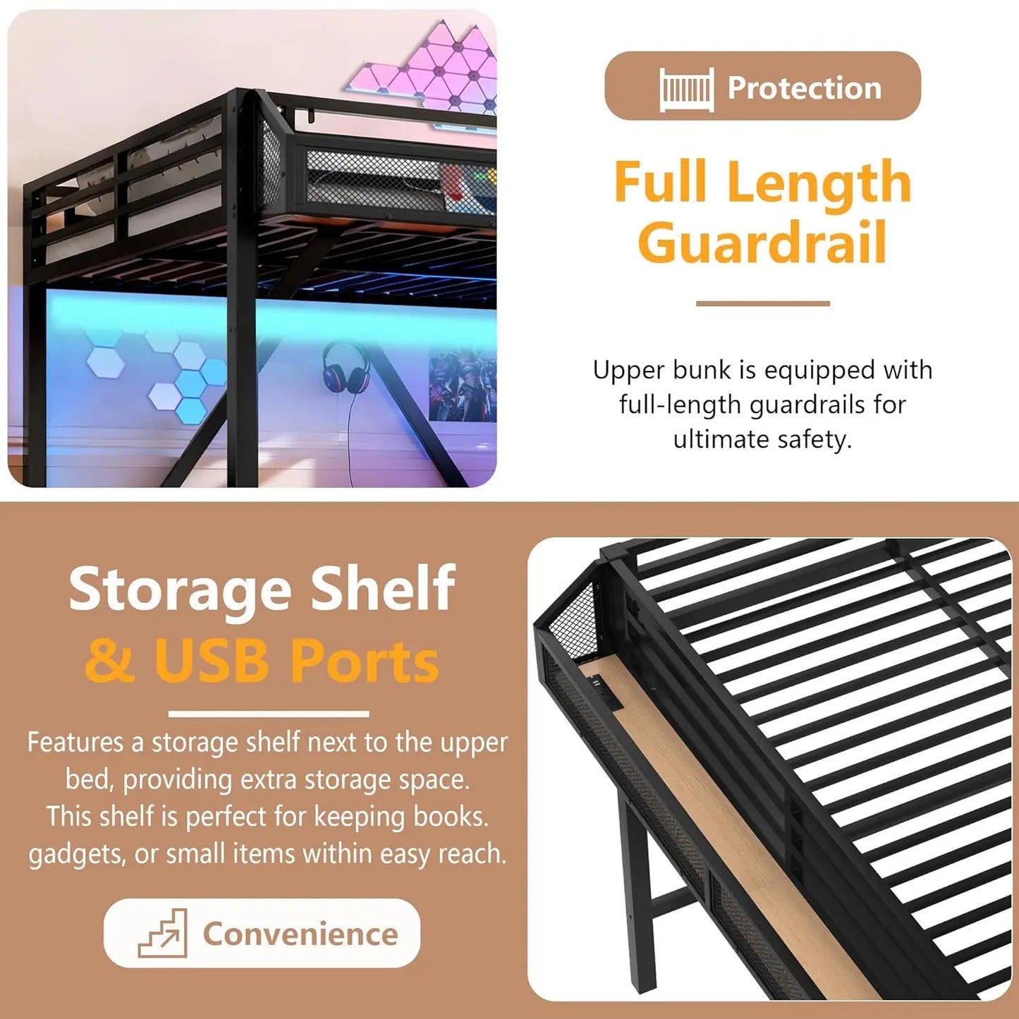 Queen Loft Bed with Storage Stairs Shelves with Wardrobe LED Lights made of  Natural Wood,