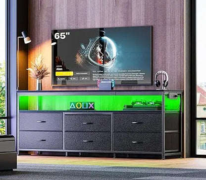 63 Inch LED TV Stand with Power Outlets, Fabric Drawers TV Stand