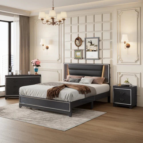 3-Piece Bedroom Set Queen Size Upholstered Bed with LED Lights, Nightstands and Dresser , Black /white