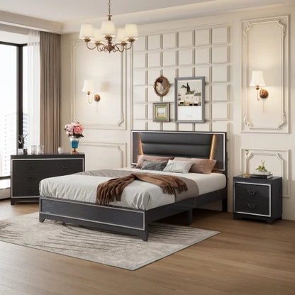 3-Piece Bedroom Set Queen Size Upholstered Bed with LED Lights, Nightstands and Dresser , Black /white