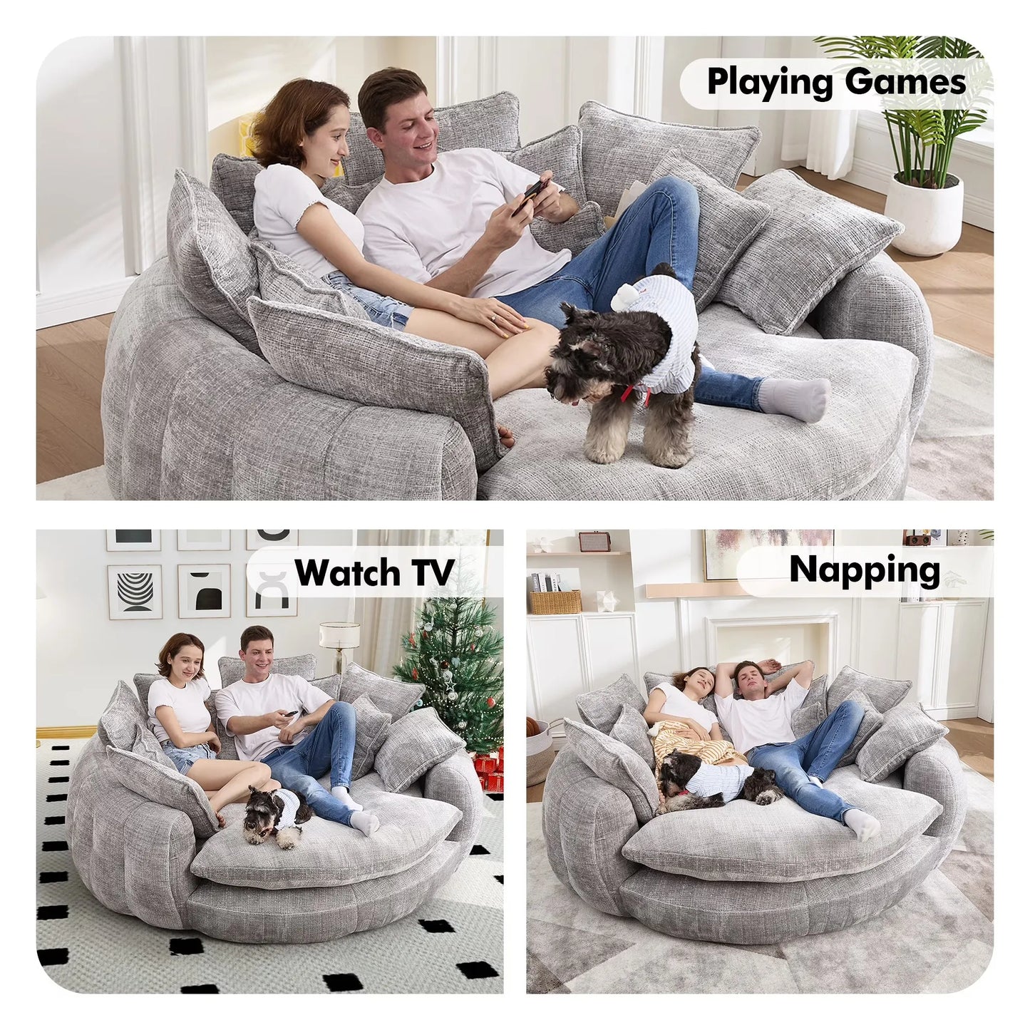 Oversized Round Chaise Lounge Chair with 14 Pillows, Modern Chenille Boneless Couch, Memory Foam